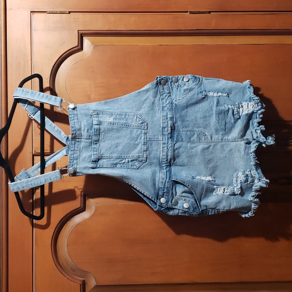 Denim blue distress ripped women overall shorts